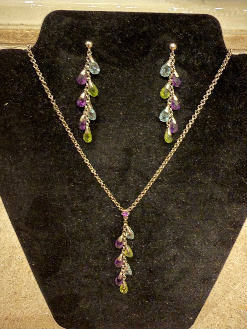 Zales Multicolor Teardrop Dangle Necklace and Earring Set - Purple, Green, Blue